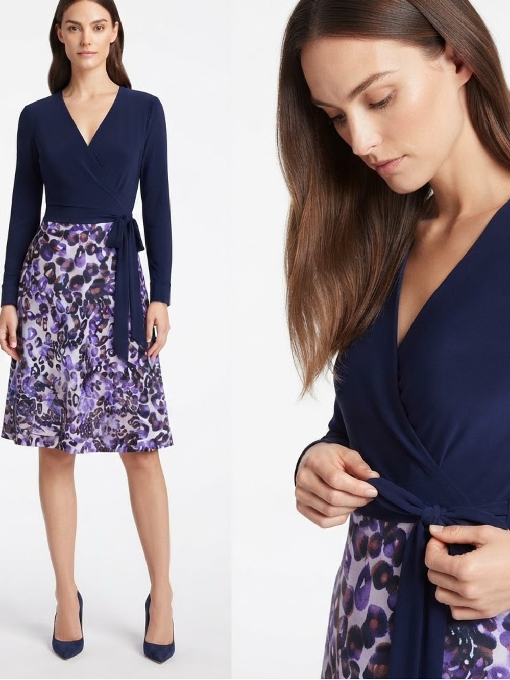 NWT Diane Von Furstenberg Amelia Navy Wrap Dress Purple Print Skirt Fit Flare 4